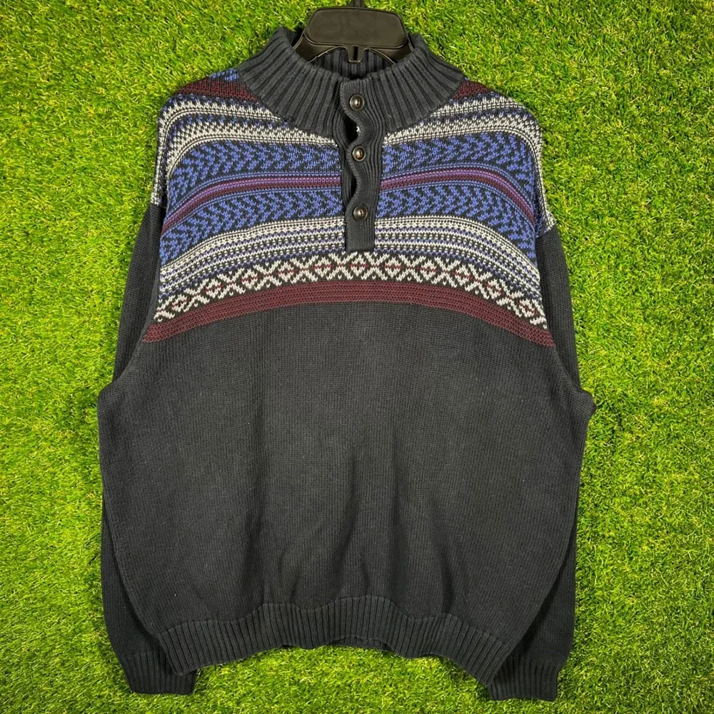 Chaps Mens XL Navy Blue Fair Isle Quarter Button Mock Neck Cotton‎ Sweater